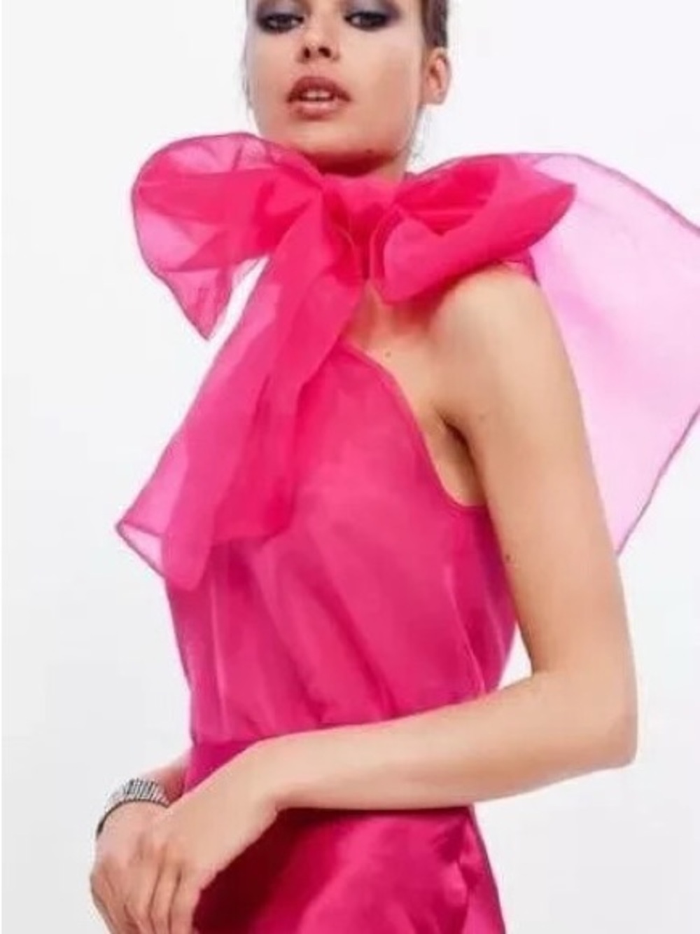 Zara Hot Pink Organza Bow One-Shoulder top